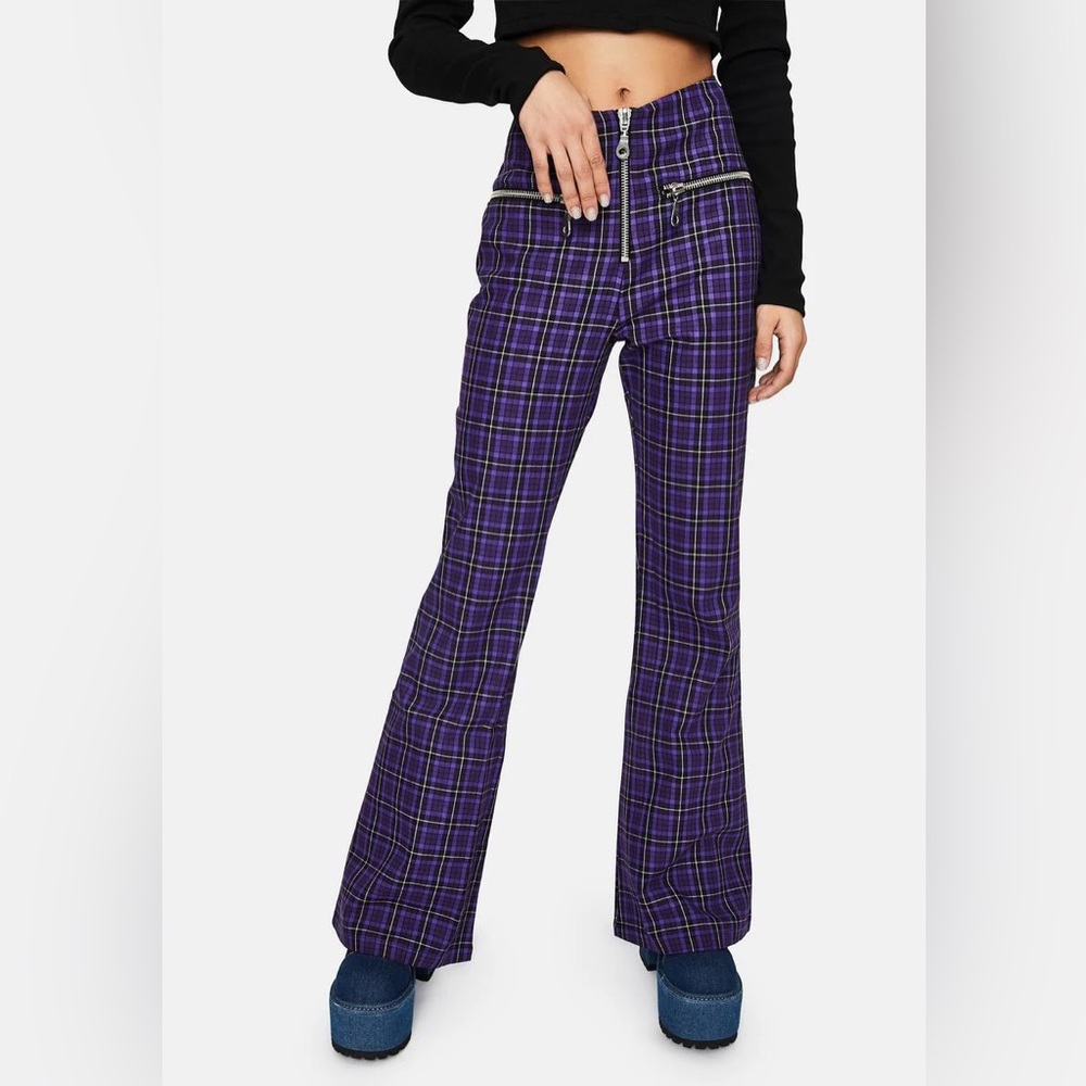 Groovy The Ragged Priest plaid purple flare pants with zippers.